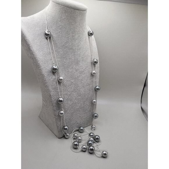 Modern Silver Tone 38 Inch Necklace with Gray Faux Pearls 10mm Beads - Picture 4 of 7